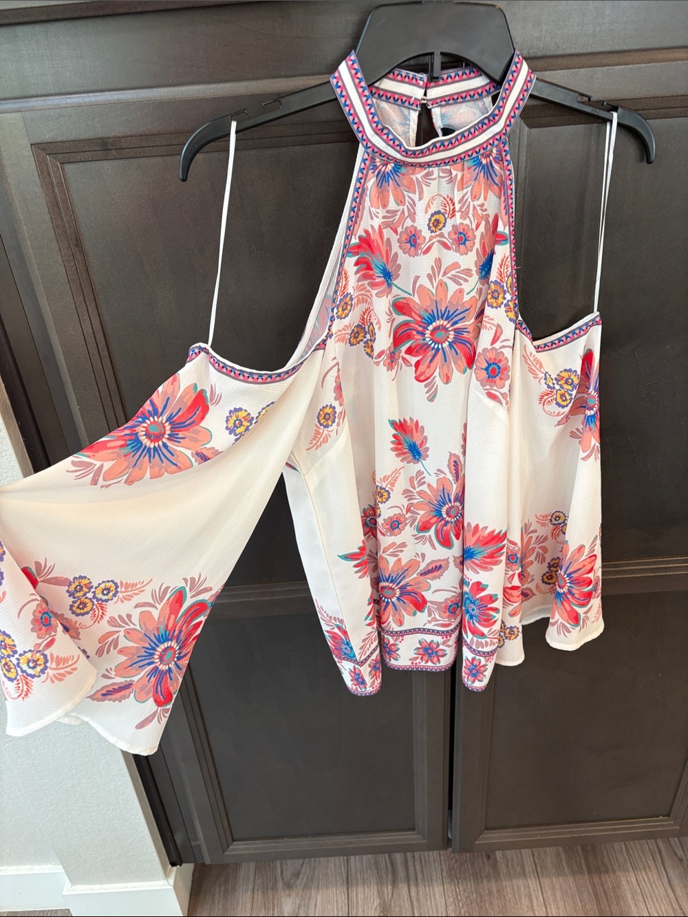 Soho Apparel White Halter Cold-Shoulder Top with Pink & Blue Floral Print